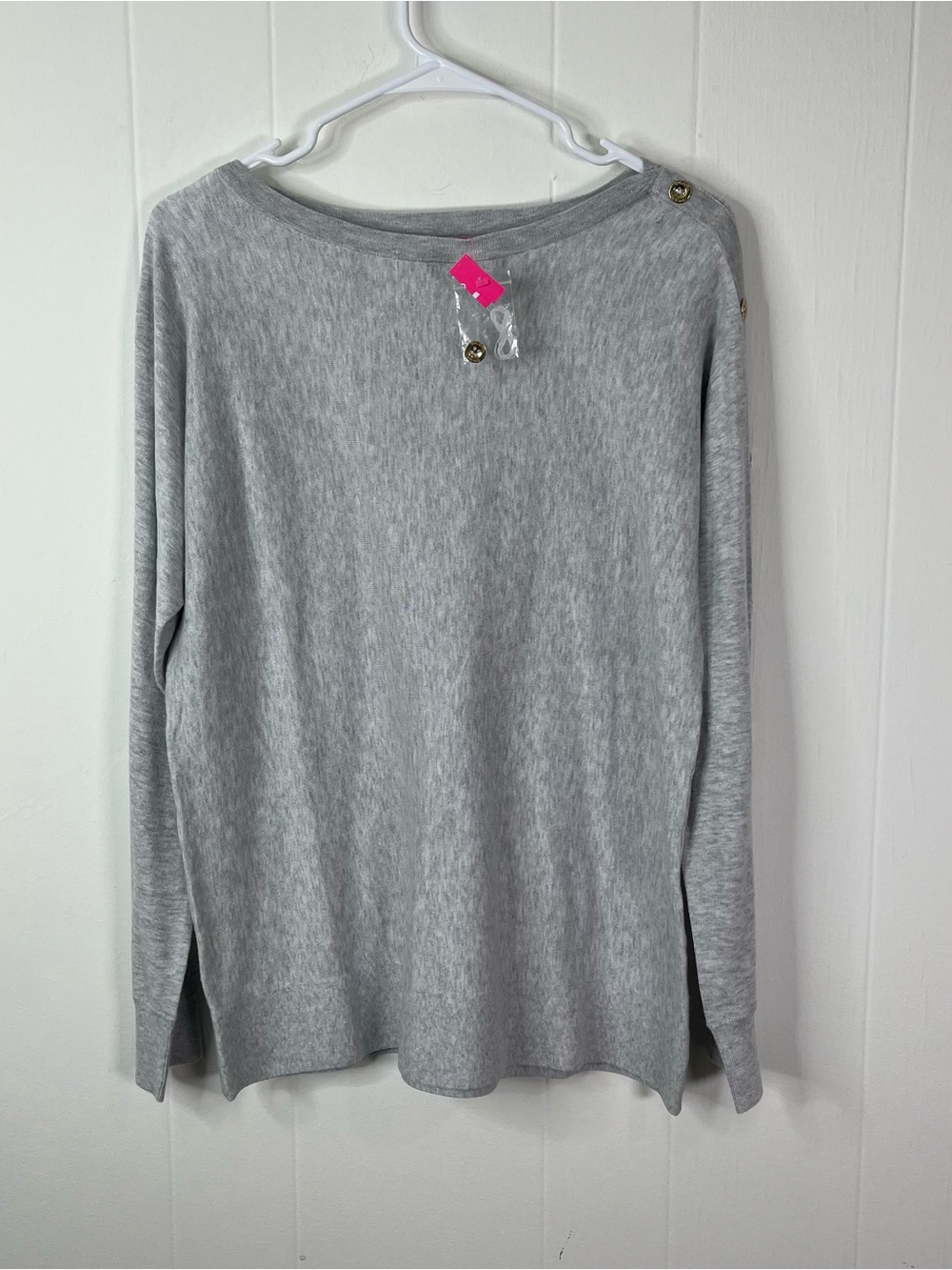Lilly Pulitzer Milton Sweater Knit Pullover Gold Button Sleeves Size Medium Gray